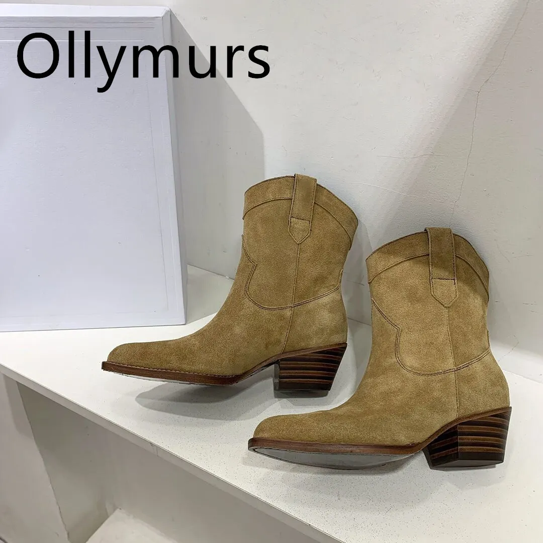 Buty buty dla kobiet 2023 Oryginalny skórzany kowbojowy palenie na drewnianym pięcie projektant kostki 230911