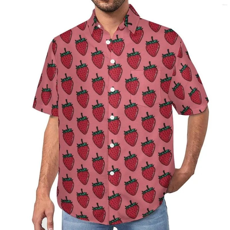 Mäns casual skjortor jordgubbe rose lös skjorta män strand frukt sommar grafisk kort ärm stilfulla överdimensionerade blusar