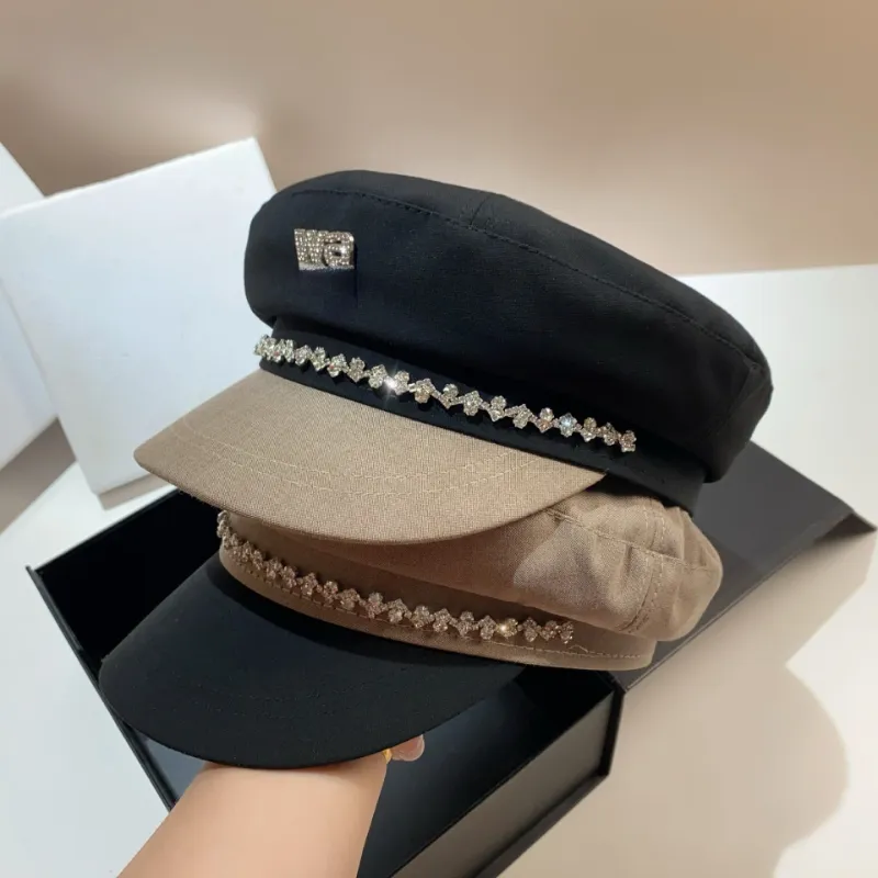 女性のための夏の手紙ネイビーハットキャップラインストーン八角形の帽子ファッションベレー帽