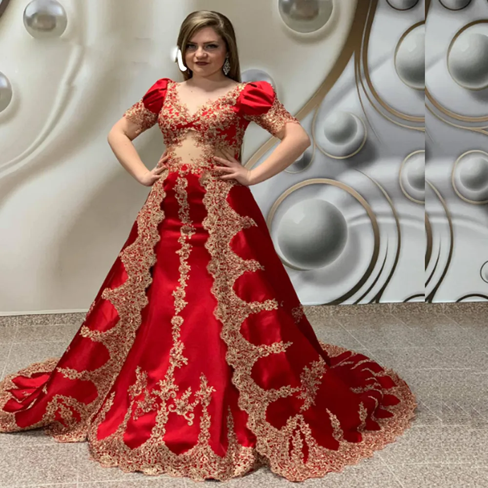 Stunning Mermaid Moroccan Arabic Evening Dress with Detachable Train V Neck Short Sleeves Elegant Celebrity Gown for Special Occasions