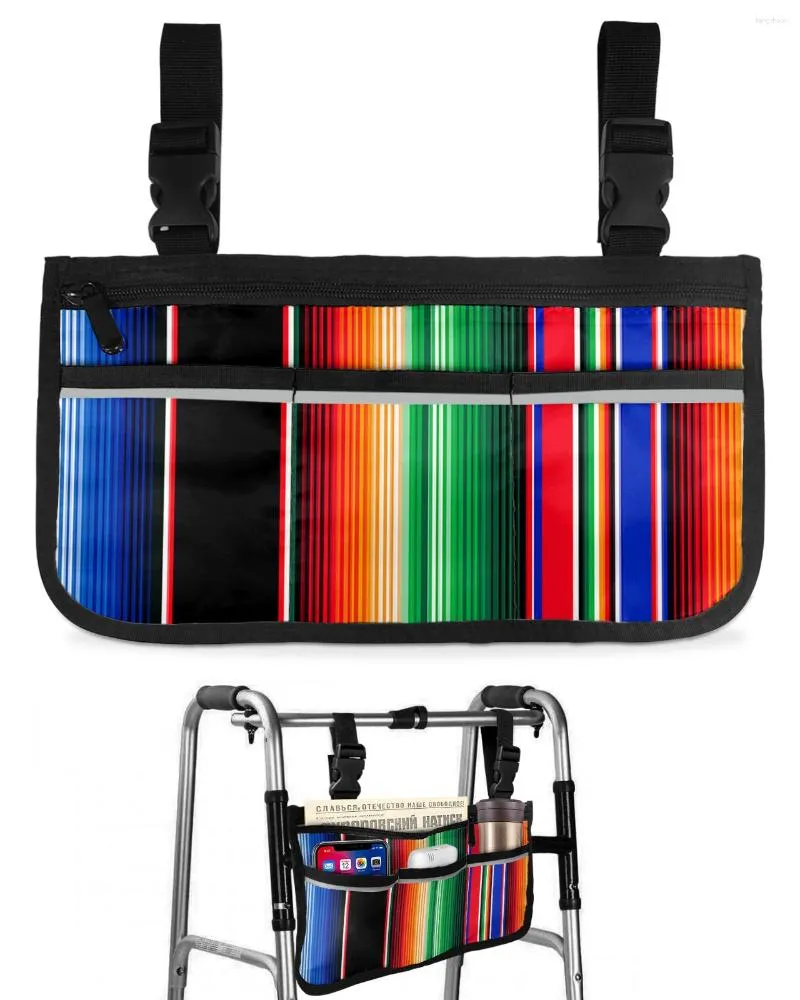 Sacs de rangement Sac de fauteuil roulant à rayures mexicaines colorées avec poches Accoudoir latéral Scooter électrique Pochette de cadre de marche