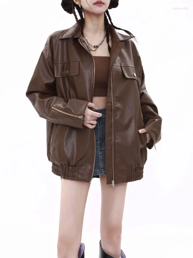 Jaqueta de couro feminino outono plutônio 2023 vintage marrom motocicleta casaco feminino coreano solto rua outwear