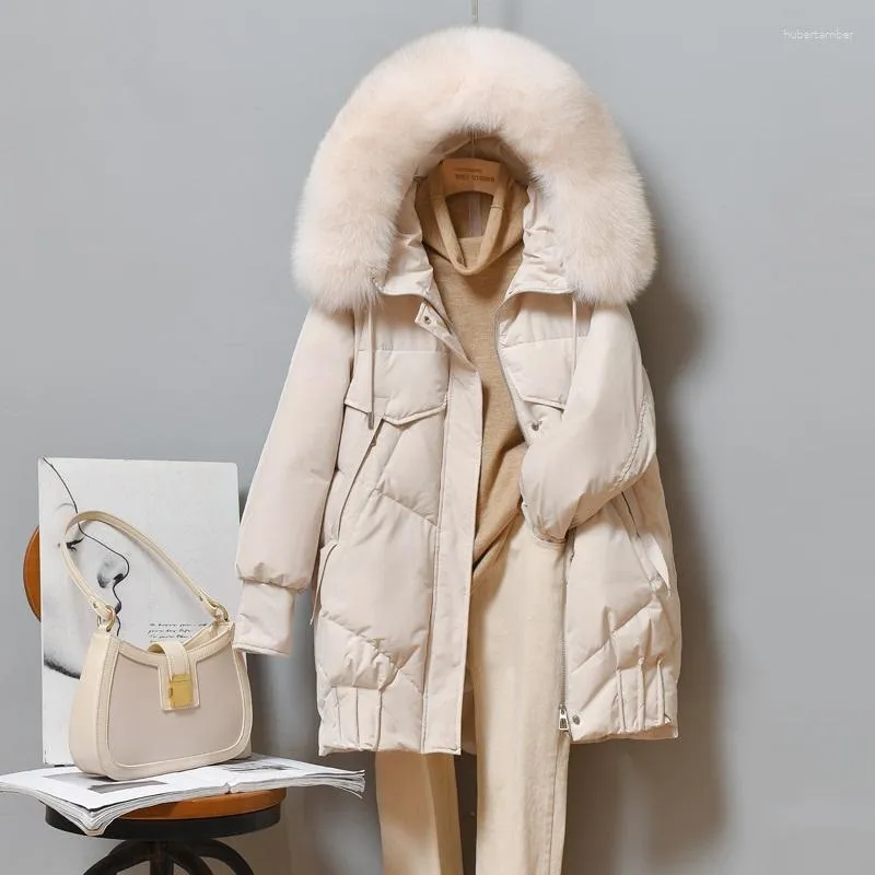 Manteau d'hiver en duvet de canard blanc pour Femme, vêtements avec col en vraie fourrure, parka mi-longue pour Femme, Manteau coréen, SQQ1087, 90%