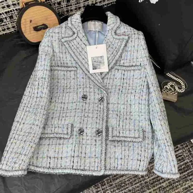 Jaquetas femininas designer tweed casaco 2023 marca de moda europeia primavera/suer novo fresco azul pesado tweed terno de seda dourada polo flee w0q6