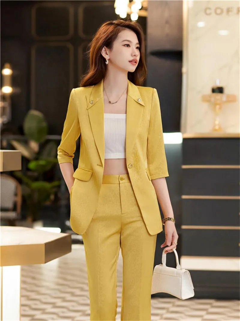 Womens Two Piece Pants Yellow Women Suit 2023 In Office Lady Business Set  Half Sleeve Jacket Blazer With Trousers Formal 2 From 50,22 €
