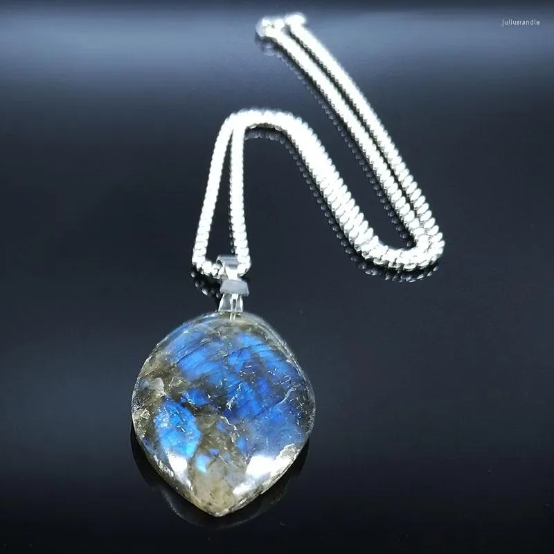 Colares de pingente de aço inoxidável labradorite cabochão forma irregular forte brilho jóias joyeriang70s04