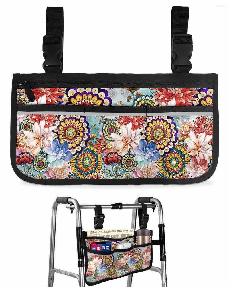 Aufbewahrungstaschen, Bohemian-Mandala-Blumen-Rollstuhltasche mit Taschen, Armlehnenseite, Elektroroller-Gehgestell-Tasche