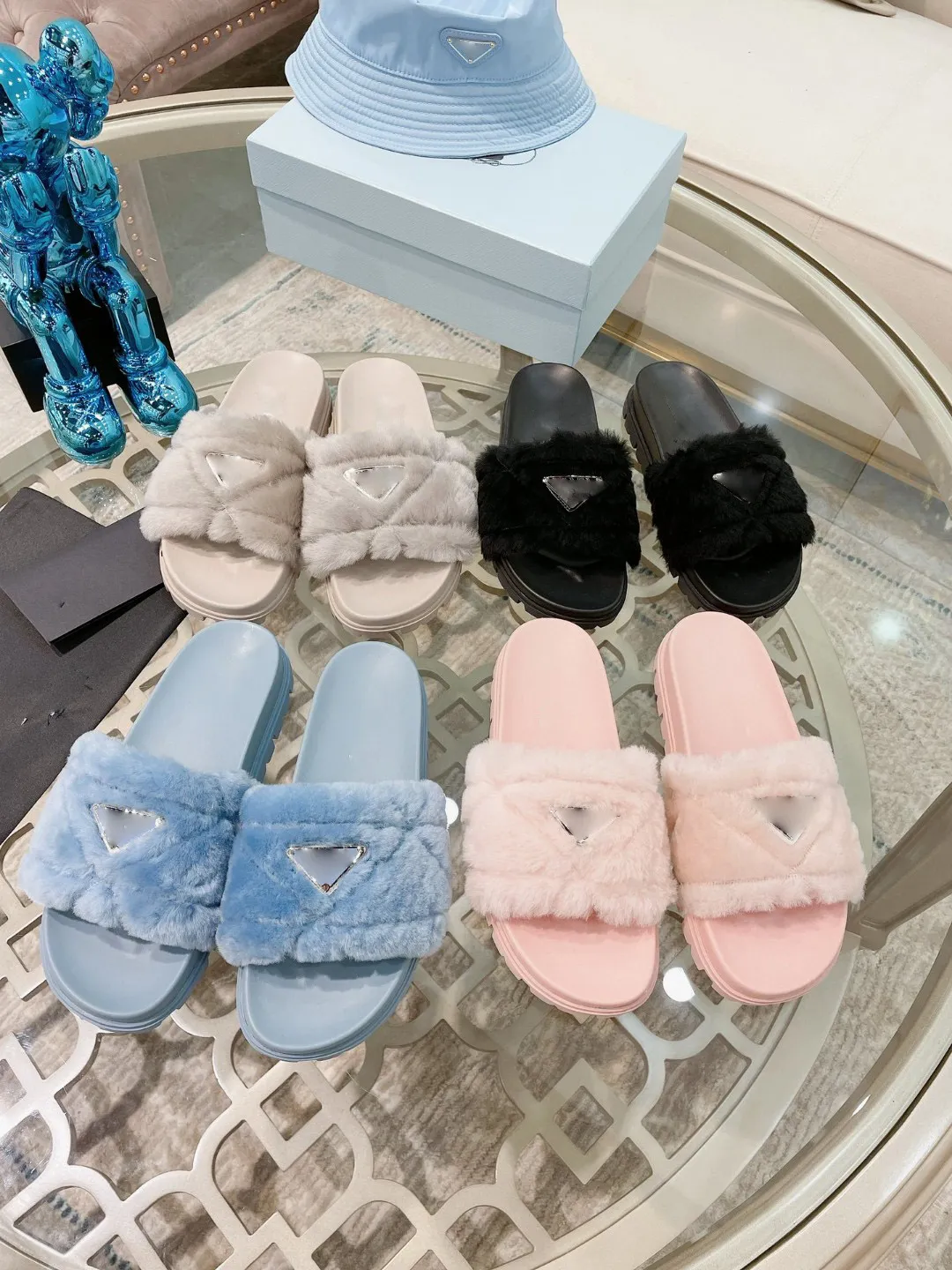 Fur Shearling Suede Fluffy shoes Sandal Slippers Mule women lady girl Plush Wool Lined Slides Slip On Flat Flip Flopsy Fluff Fur-Lined Mules Women's Flats Flat Mules