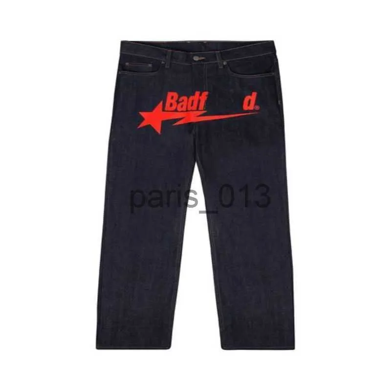 Mens Jeans 2023 Designer Mens Jeans Universidade Y2K Badfriend Hip Hop Carta Impresso Calças Pretas Homens Mulheres Moda Casual Rock Pé Largo Calças Baggy Streetwear 2303