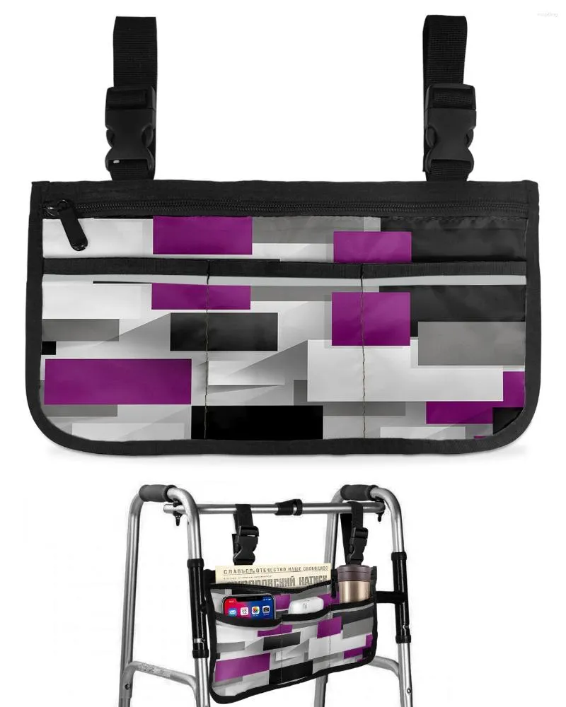 Sacos de armazenamento Geométrico Roxo Cinza Preto Abstrato Saco de Cadeira de Rodas com Bolsos Apoio de Braço Lateral Scooter Elétrico Andando Quadro Bolsa