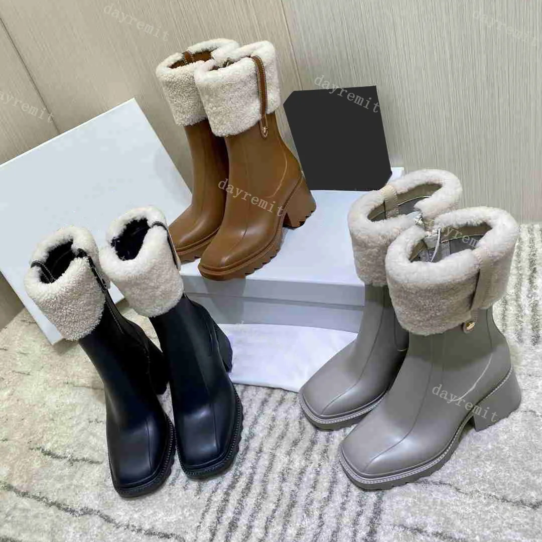 Betty Boots Stivaletti firmati Stivale da donna in PVC Stivaletto da pioggia in vera pelle Piattaforma laureata ricamata con tacco Martin invernale Tacco grosso con scatola