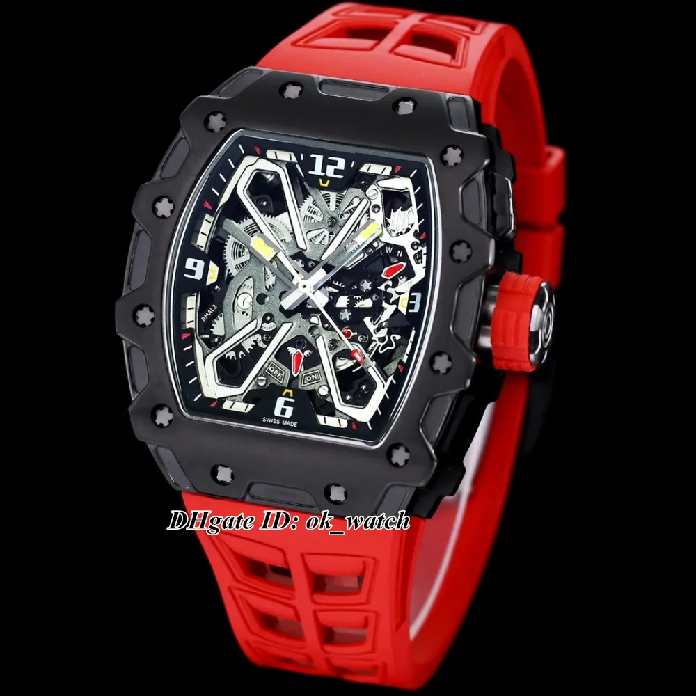 Nouvelle montre automatique pour hommes 35-03 PVD boîtier en acier noir cadran squelette montre bracelet en caoutchouc rouge montres de sport populaires pour hommes