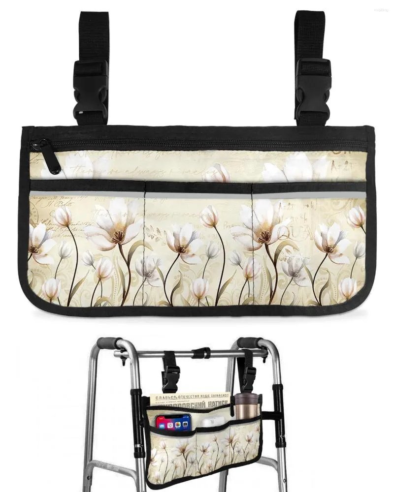 Sacos de armazenamento Rústico vintage tulipas flores saco de cadeira de rodas com bolsos braço lado scooter elétrico andando quadro bolsa