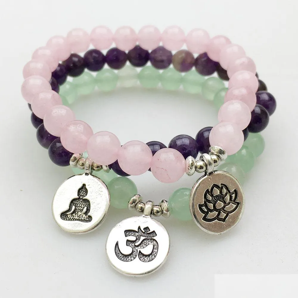 Beaded SN1140 Fashion Womens Armband Amethyst Green Aventurine Rose Quartz Mala Armband Lotus Ohm Buddha Drop Delivery Jew Dhgarden Dh0sy