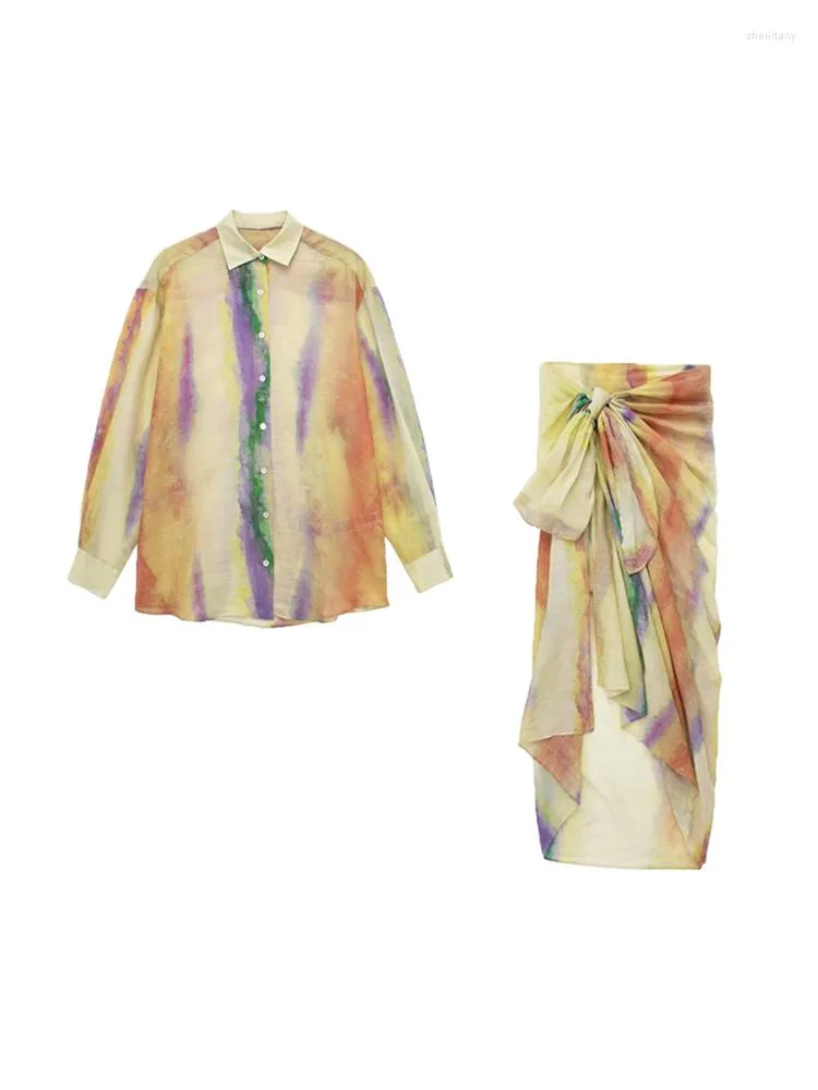 Werkjurken Zomer Dames Tie Dye Rok Set 2023 Strandstijl Kleurrijke Polokraag Single Breasted Lange Mouw Top Verpakt