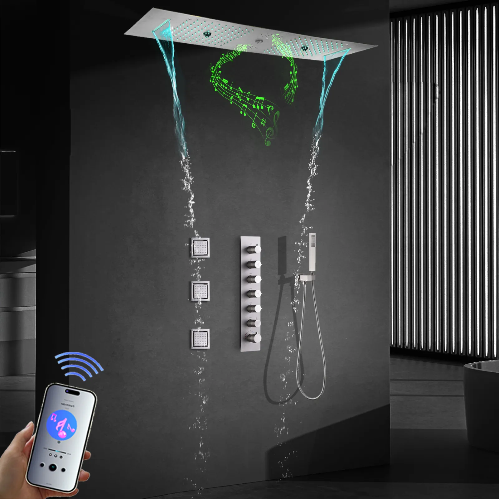 音楽スピーカーを備えたLEDシャワーシステム36*12インチのシャワーヘッドバスルーム滝サーモスタットシャワーシステムセット