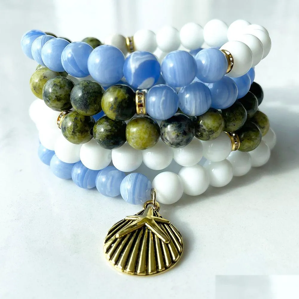 Perline Mg1384 Nuovo design Blue Lace Agate 108 Mala Bracciale Donna Collana Howlite gialla Nce Yoga Energy Jewelry Drop Delive Dhgarden Dhar9