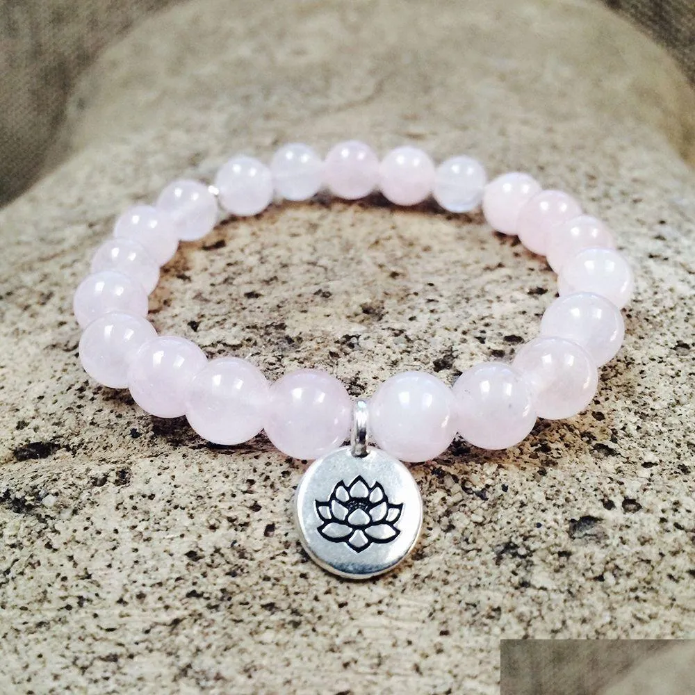 Beaded MG0847 Fashion Yoga Armband för kvinnor Natural Rose Quartz Lotus Charm Crystal Mala smycken Drop Leverans Armband Dhgarden Dhwoy