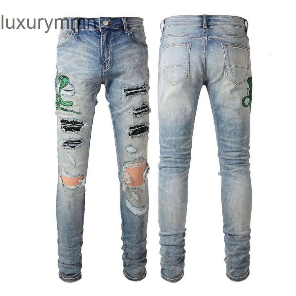 Denim Amiryes Jeans Pantalons de créateur Homme Jean Autonome Homme Vert Serpent Broderie Trou Cassé Ins Couleur Claire Lavé Vieux Slim Fit Petit Pied High Street UZJA