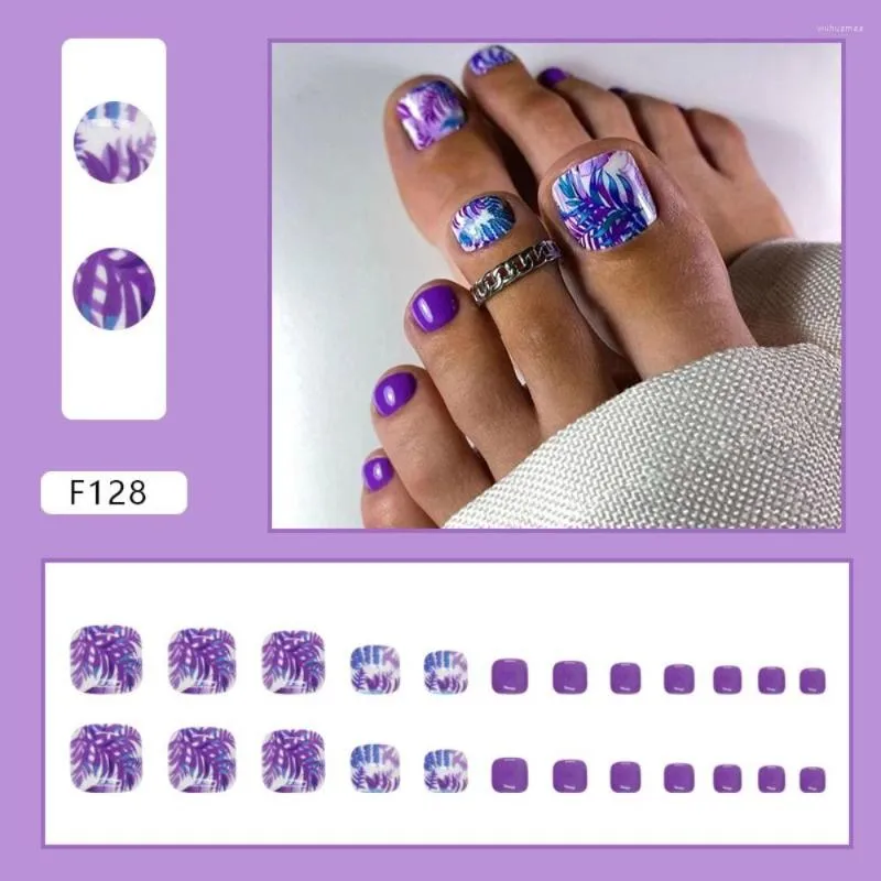 偽爪短い四角い偽の足の爪ファッション紫とつまずきフレンチフルカバーフット女性の女の子