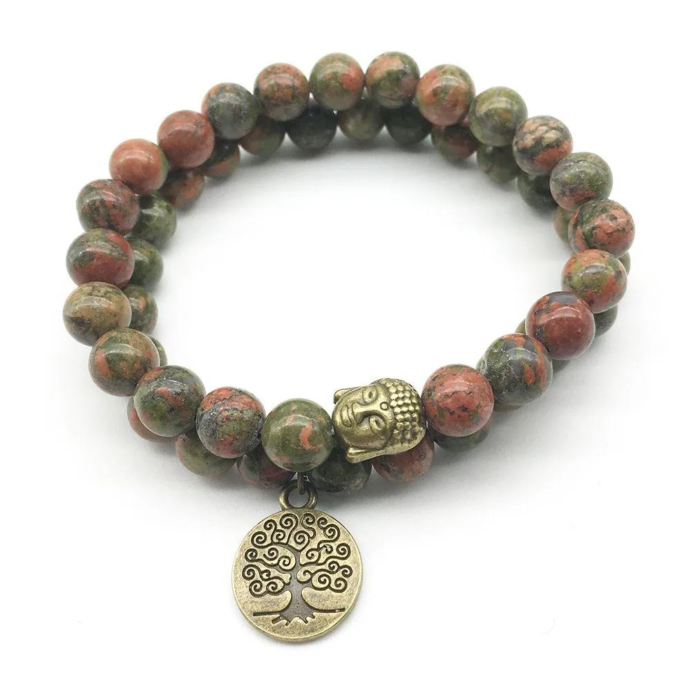 Frisado sn1275 árvore da vida buda bronze charme pulseira conjunto design vintage unakite alta qualidade pedra natural jóias gota d dhgarden dh9q1