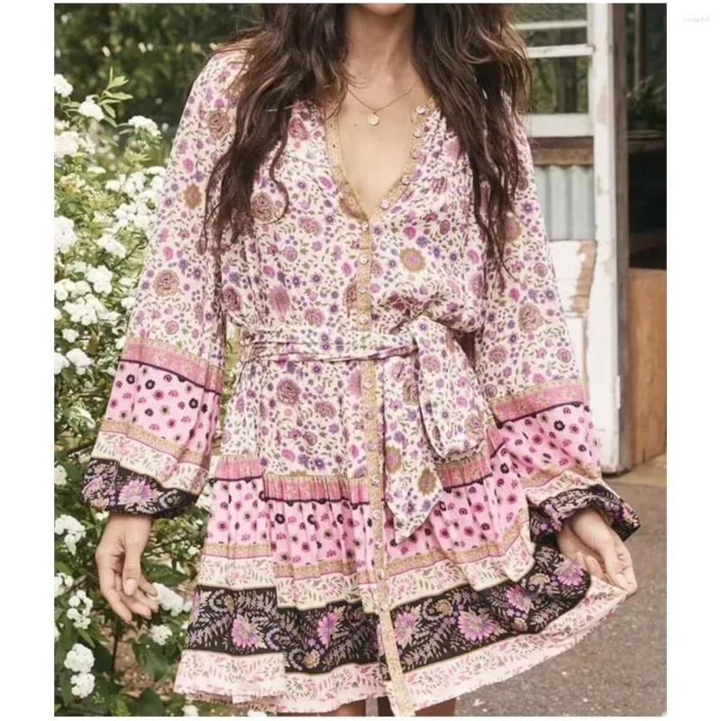 Robes décontractées 2023 Boho Lâche Droite Mini Robe Vacances Imprimer Robe Magasin Chic Trf Bow Ceintures Bouton Bouton À Boutonnage À Manches Longues