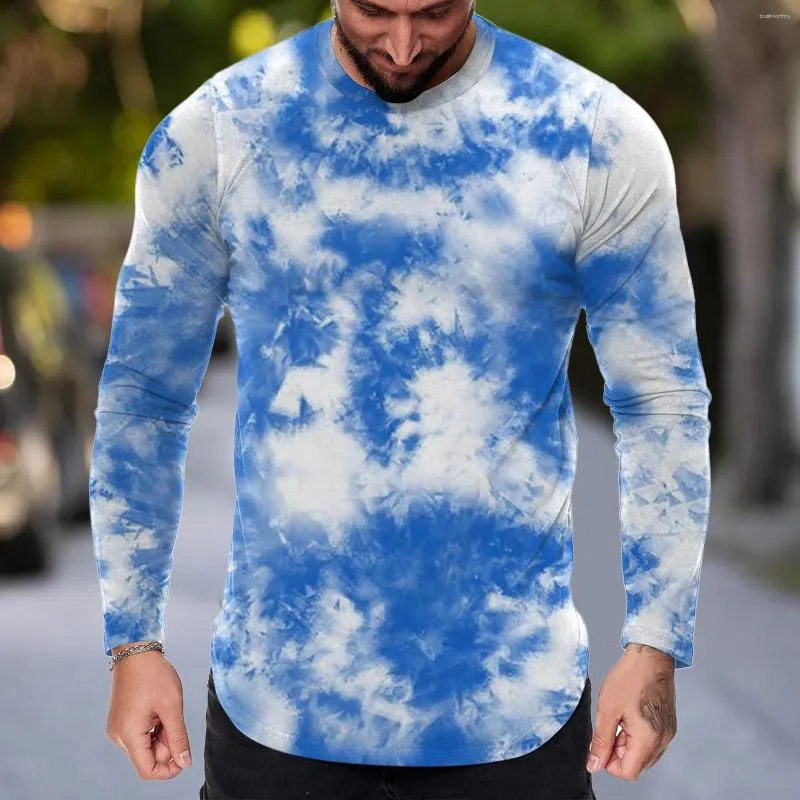 Men's T Shirts Sports Fitness Mens Outdoor Hip Tie-Dye O Neck Tshirt Long Sleeve Running Tee Autumn Male Base Streewear