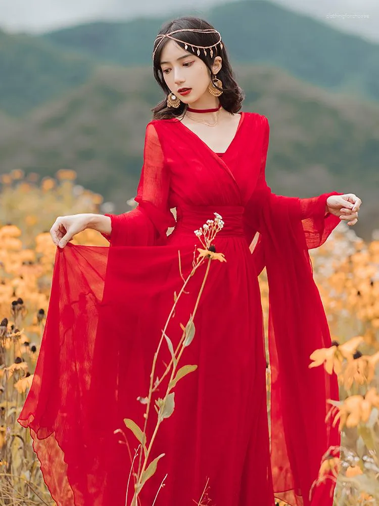 Casual Dresses 2023 Spring/Autumn Holiday Style Maxi Dress Ladies Red Sexy Charming V-Neck Fairy Retro Vestido de Mujer Send Bandana