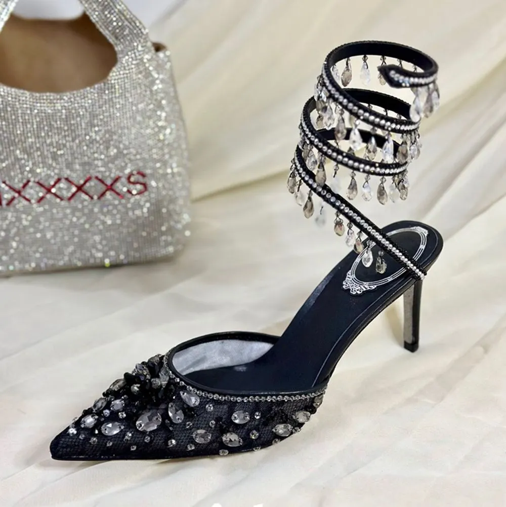 Rene Caovilla Chandelier Ankle Wrap Shoes Lace Point Toe Slingback