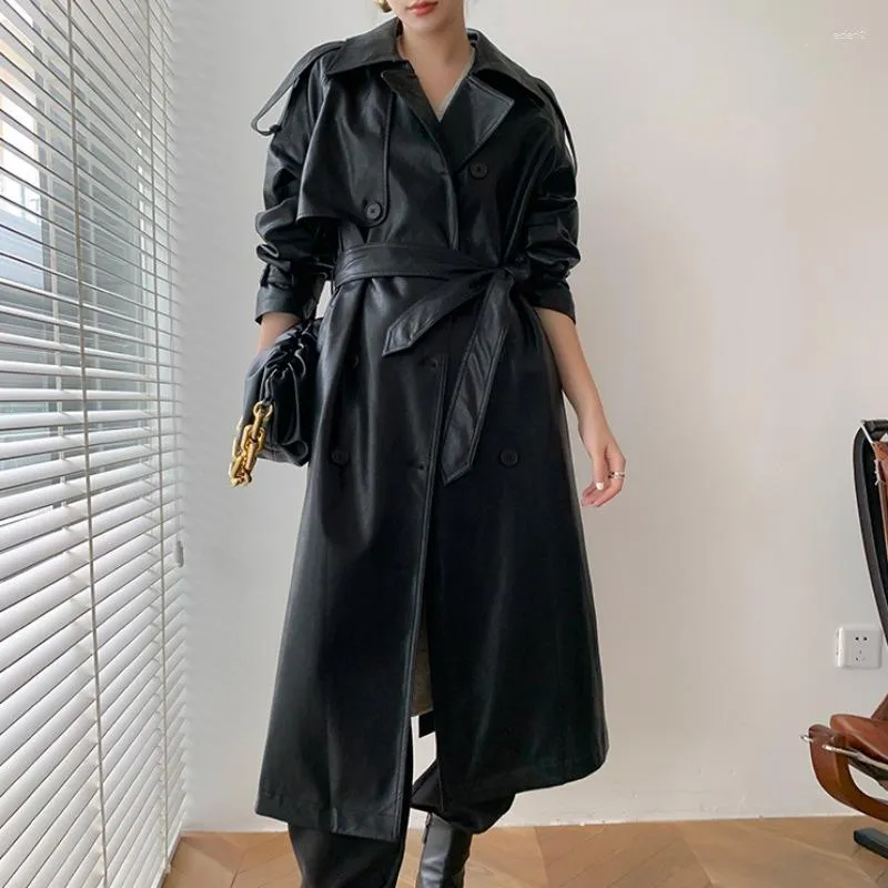 Couro feminino 2023 outono cor sólida longo oversized falso trench coat para mulher manga raglan moda coreana duplo breasted