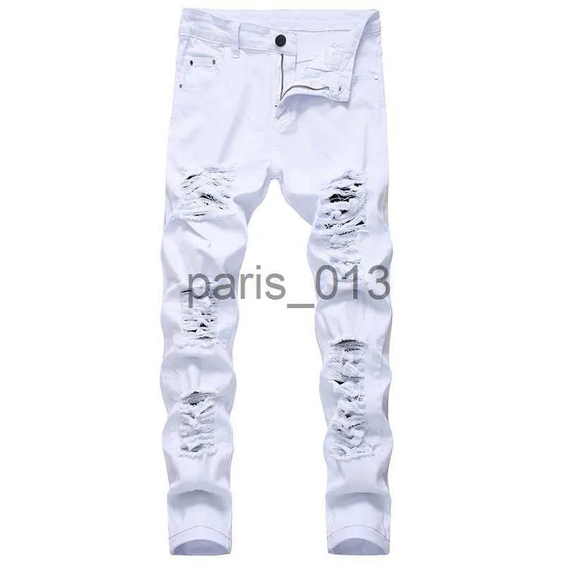 Jeans masculinos homens rasgados jeans branco vermelho preto estiramento slim fit primavera outono calças jeans angustiado hip hop streetwear biker jeans calças x0621 x0911