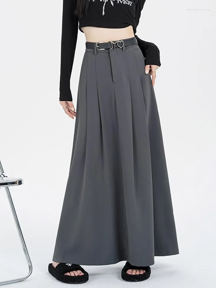 TIGENA Maxi Skirt Elegant A Line Office Wear with Belt High Waisted Pleated Long Skirt for Women Black Gray