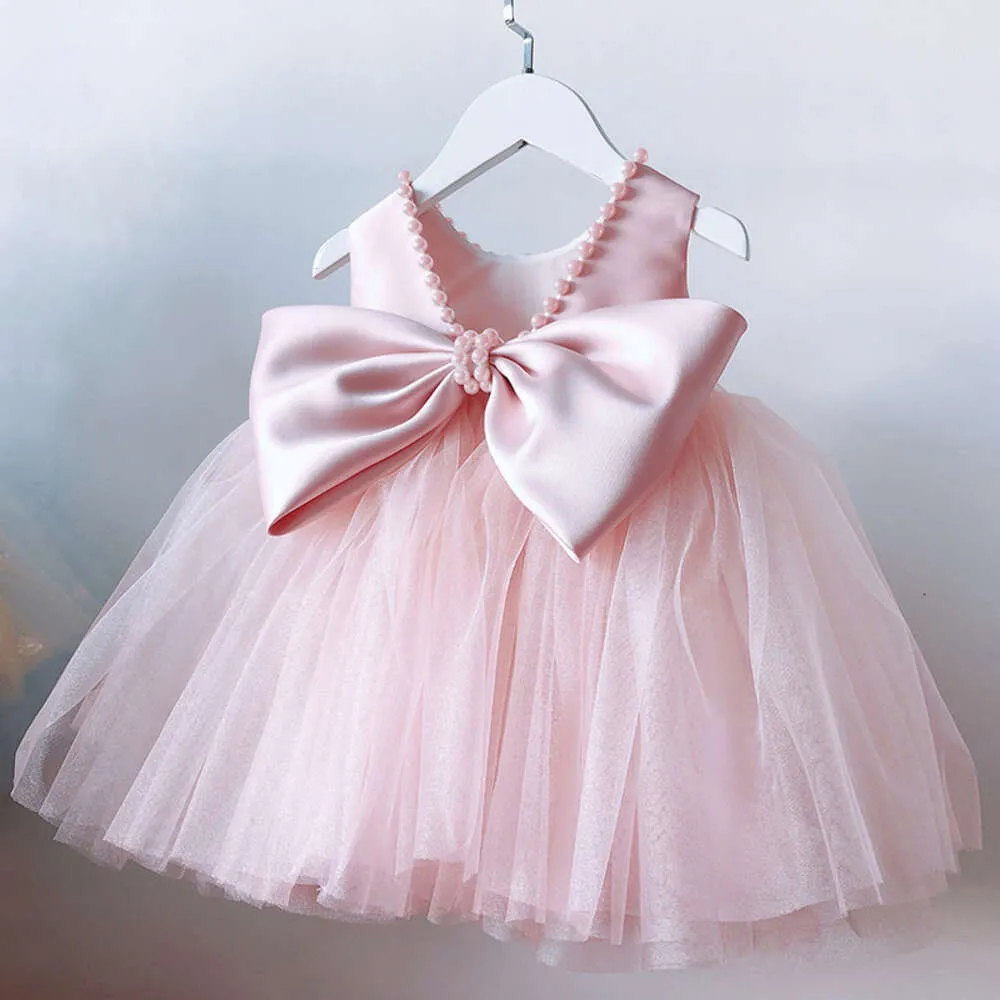 Baby Party Dress for Girl Backless Bow Birthday Wedding Flower Girl Dress Beading Toddler Kids Baptism Princess Dress