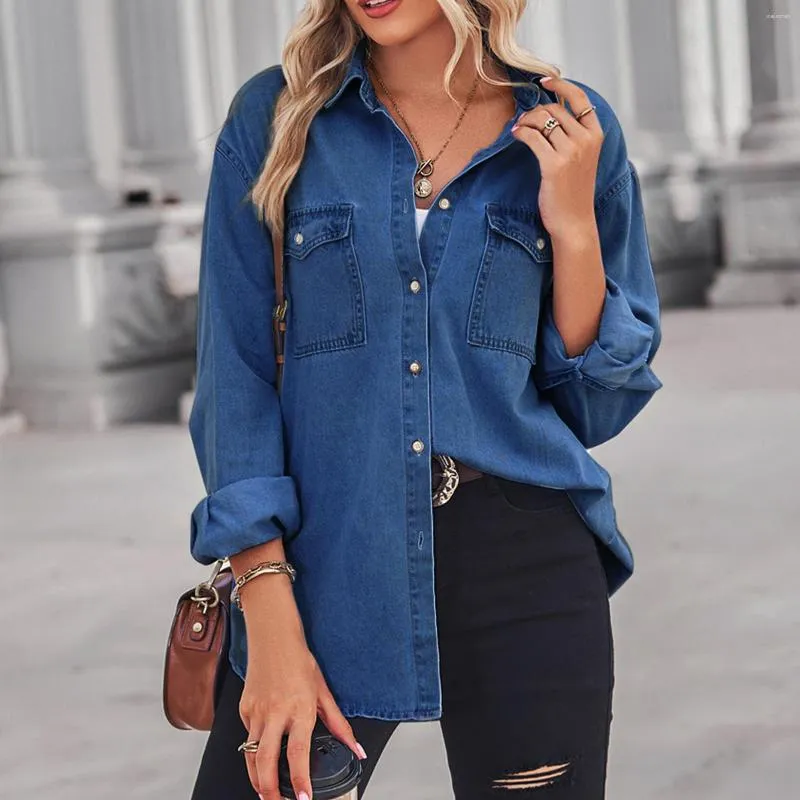 Damesblouses Koreaans Elegant Los Kantoormode Lange mouw Vintage Casual Blauw Denim Shirt Eenvoudige stijl Vakantie-outfit