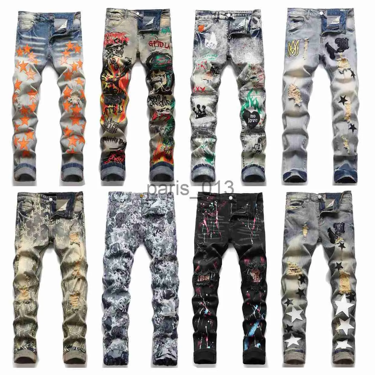 Jeans pour hommes jeans de marque hommes miri jeans mode cool style denim pantalon en détresse déchiré motard broderie luxe noir bleu jean slim fit moto haute qualité tr