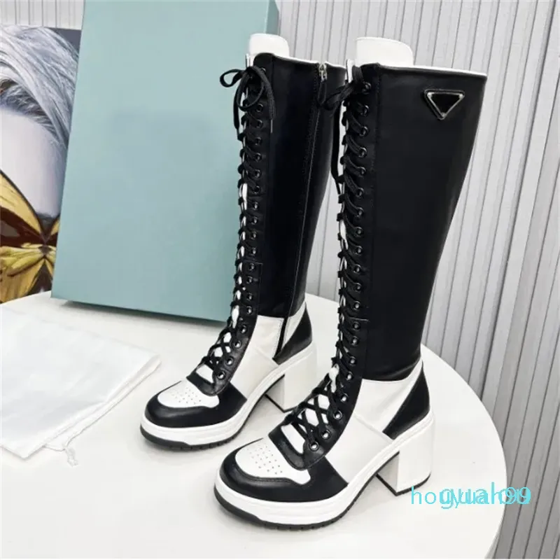 Designer -Botas Mulheres Luxo Calfskin Moda Salto Alto Lace-Up Bota Inverno Motocicleta Joelho Botas