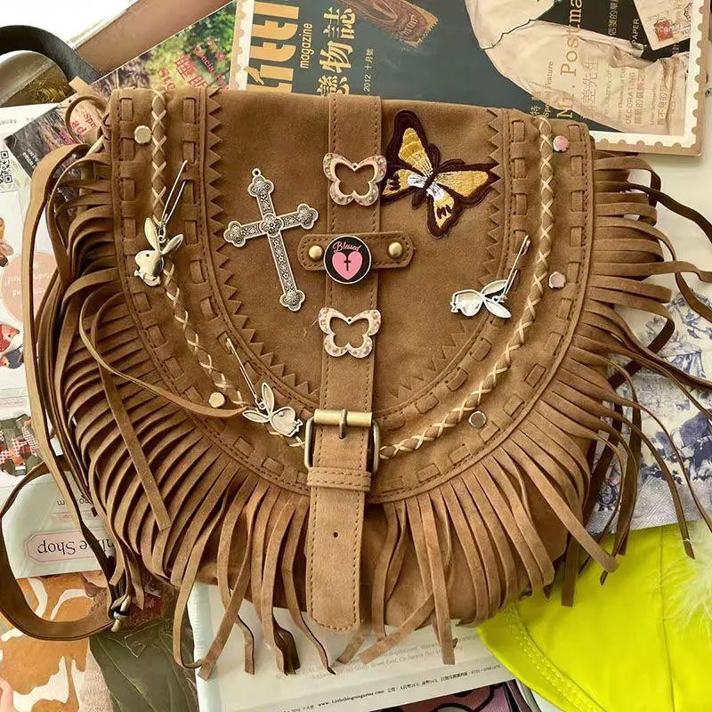 DHgate.com:Y2K Tassel Faux Suede Shoulder Bag - Vintage Messenger 