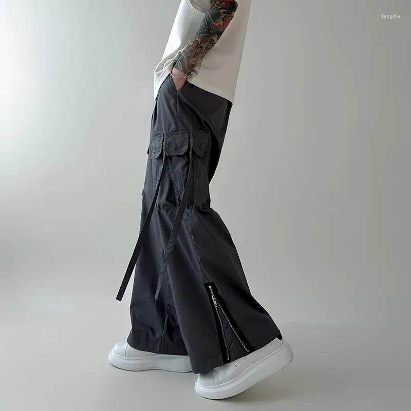 Men's Pants Large Pocket Cargo Zipper Split Design Straight Tube Loose Casual Wide Leg Y2k Streetwear Trousers