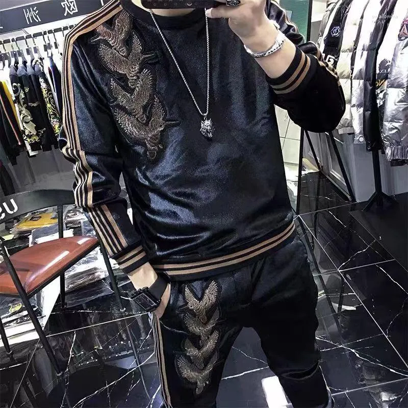 Tracksuits masculinos ouro veludo camisola terno marca de moda 2023 primavera outono estilo masculino treino colocação conjunto de duas peças