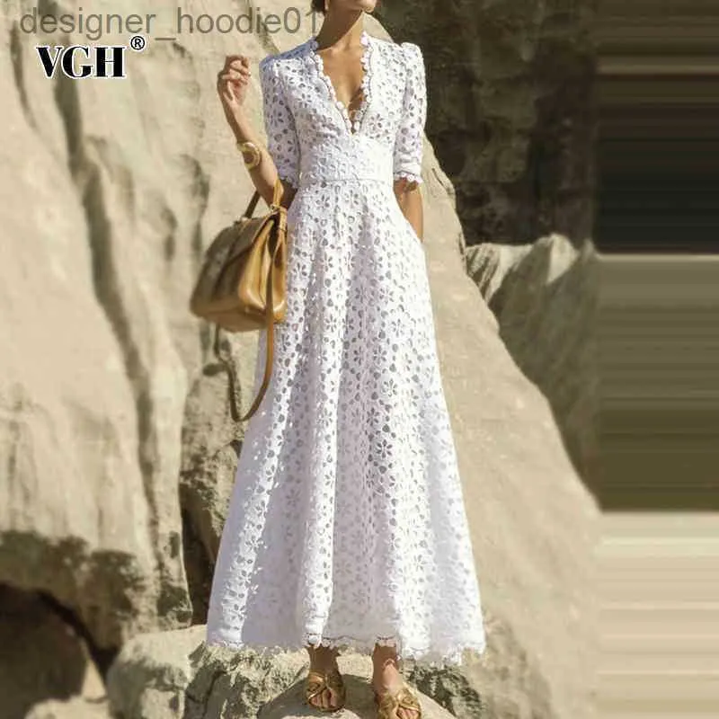 Vestidos casuais básicos elegante branco maxi vestido para mulheres v pescoço meia manga cintura alta oco out slim vestidos outono estilo moda 210507 l230911