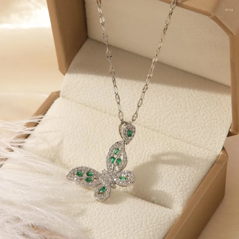 Pendant Necklaces Women Green Zircon Hollow Butterfly Necklace Silver Stainless Steel Chain Micro Inlaid Animal Clavicle Party Jewelry