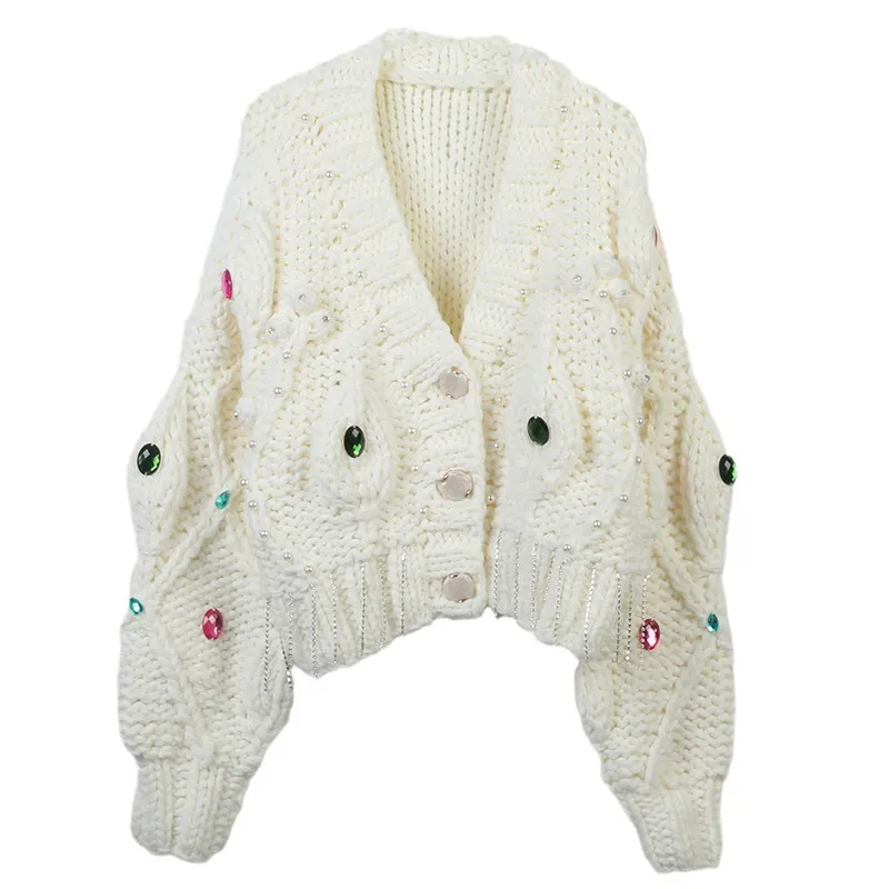 901 L 2023 Milan Runway Outono Suéter Feminino Marca Mesmo Estilo Manga Comprida V Pescoço Cardigan Branco Feminino Mingmei