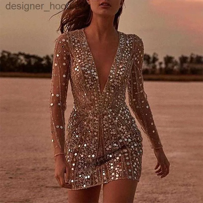 DHgate Casual Dresses 2024 Sexy Deep V neck Sequin Mini Dress for Party and Nightclub Apparel