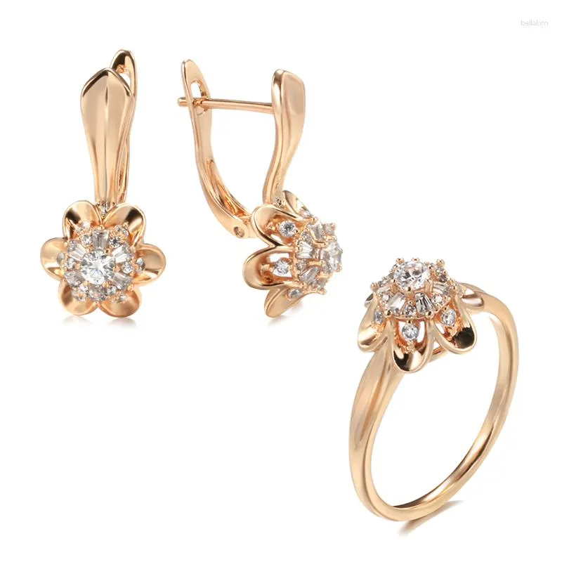 Necklace Earrings Set Kinel 585 Rose Gold Crystal Flower Women Ring Sets Natural Zircon Trend Unusual Creative Wedding Jewelry