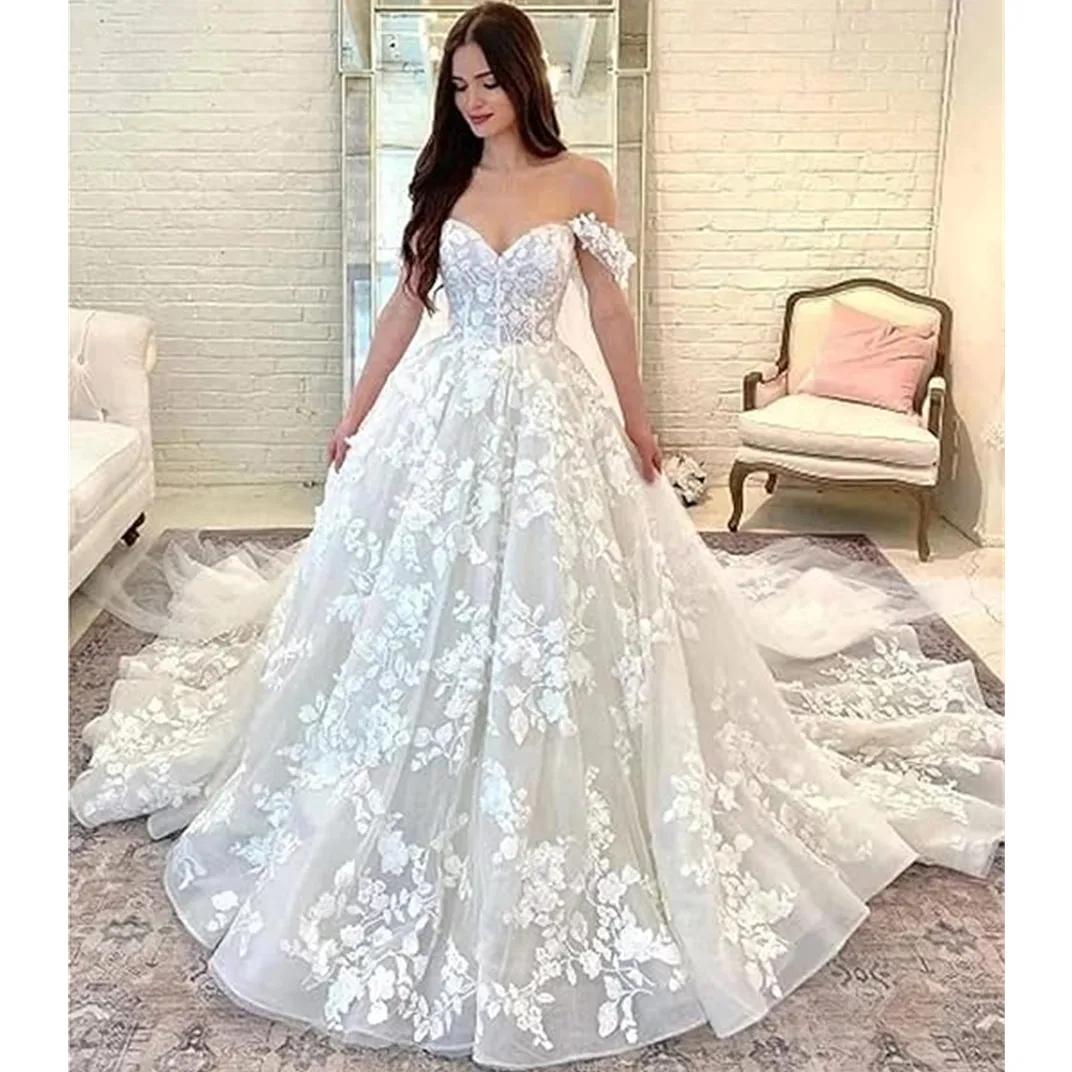 Prinses Trouwjurk Schoudervrij Ruglooze Bandjes Mouwloos Bloemen Sweep/Brush train 2024 Kant Applicaties Bruidsjurken Robe De Mariage Tuin Grote Maten Bruid