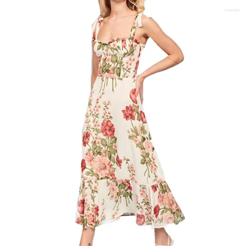 Robes décontractées Été Français Vêtements Fleur Imprimer Cravate Noeud Spaghetti Sangle Robe Midi Femmes Élégantes Col D'oreille En Bois Ruché Dos Sling