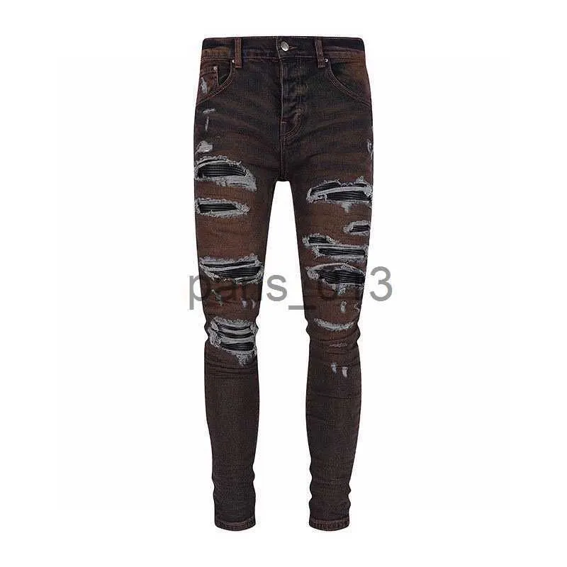 Herr jeans amir2023 varumärke mens svarta jeans designer märke trasiga hål mager denim runway skelett vintage svart rosa lek pojke 42 storlek ben mx1 glid heans x0911