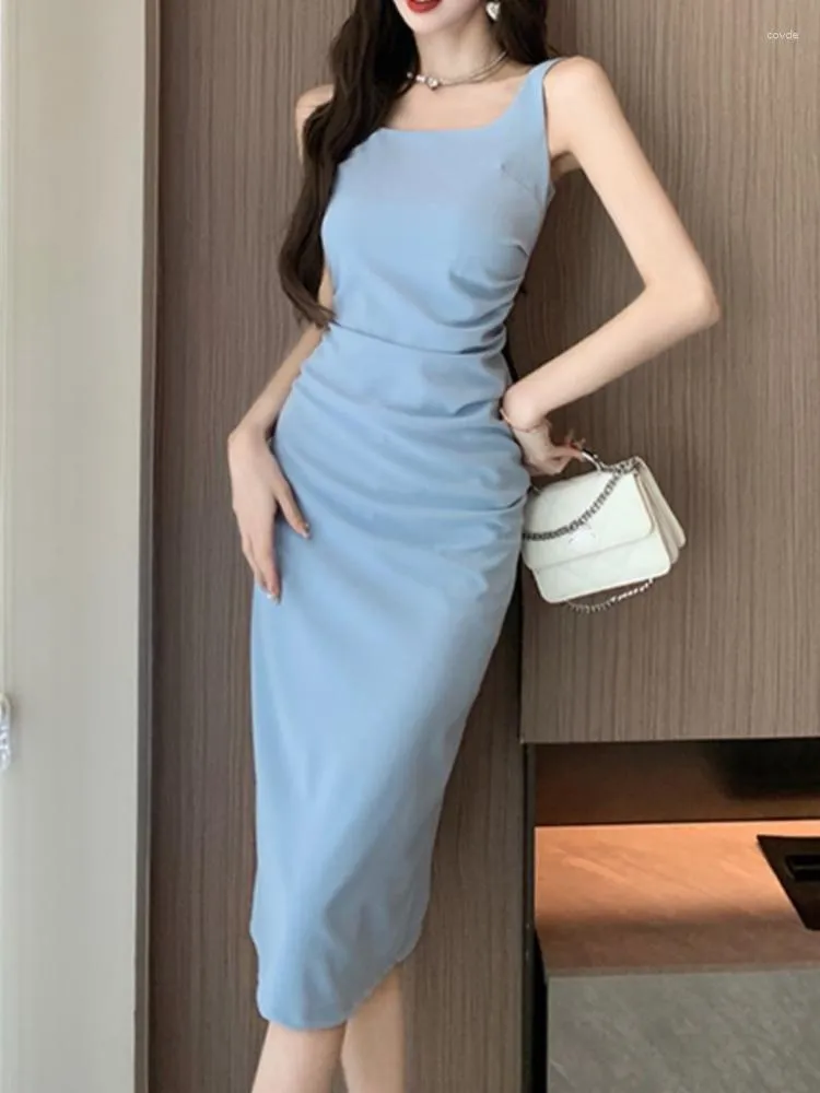 Casual Kleider Koreanische Mode Frauen Sommer Elegantes Kleid Strap Slim Bodycon Party Sexy Satin Vestidos Weibliche Blau Schwarz Robe Mujers kleidung