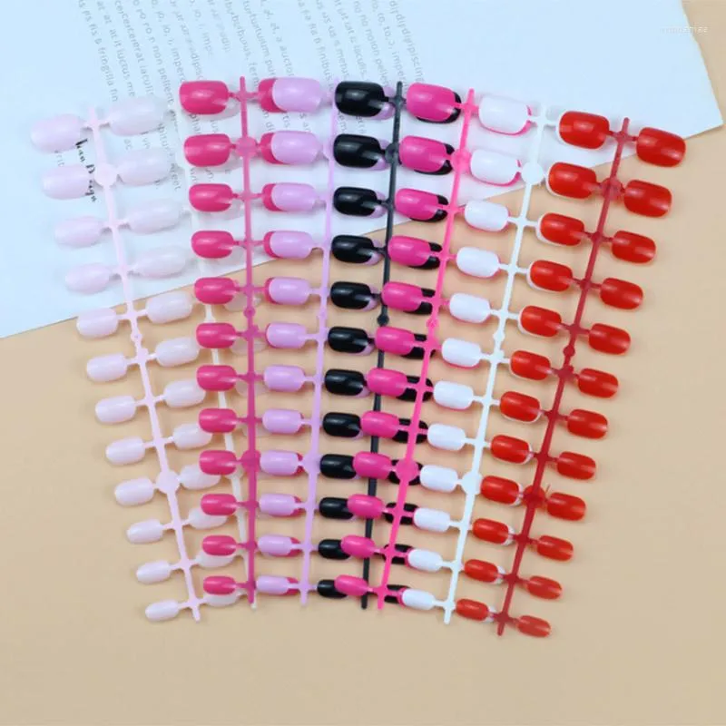 False Nails 24pcs Short Round Solid Color Elder Child's Artificial Press On Tip With Jelly Glue For Kids