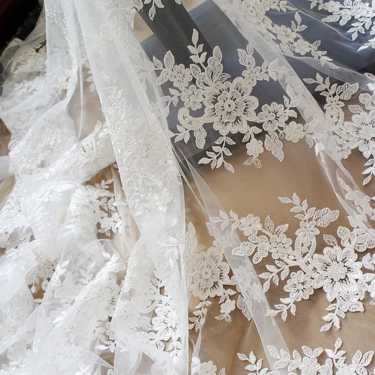 White French shiny vintage lace embroidery fabric with sequins wedding dress gauze clothing materials DIY accessories Lace fabric T037